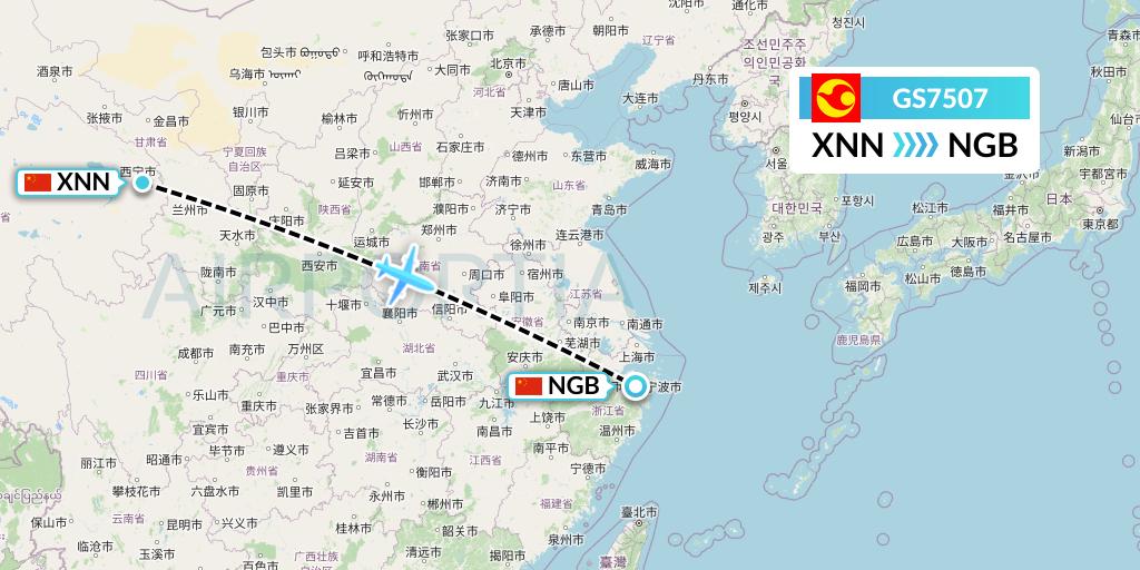 GS7507 Tianjin Airlines Flight Map: Xining to Ningbo
