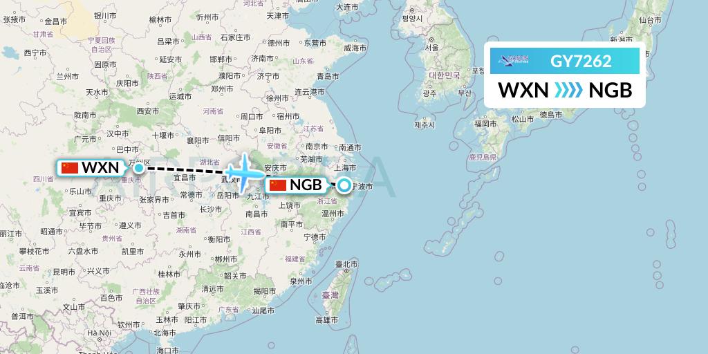 GY7262 Colorful GuiZhou Airlines Flight Map: Wanzhou to Ningbo