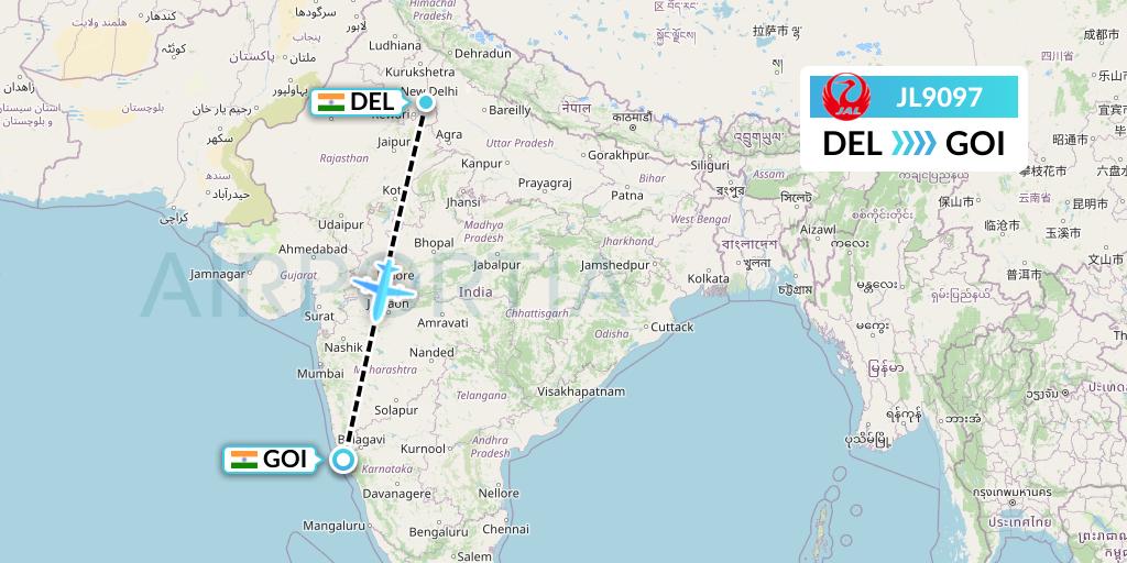 JL9097 Japan Airlines Flight Map: Delhi to Goa