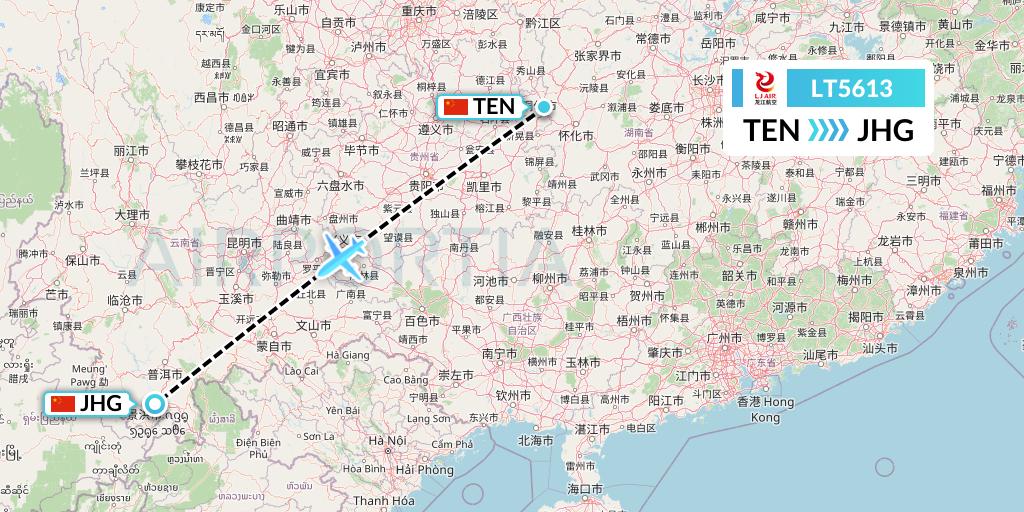 LT5613 LongJiang Airlines Flight Map: Tongren to Jinghong