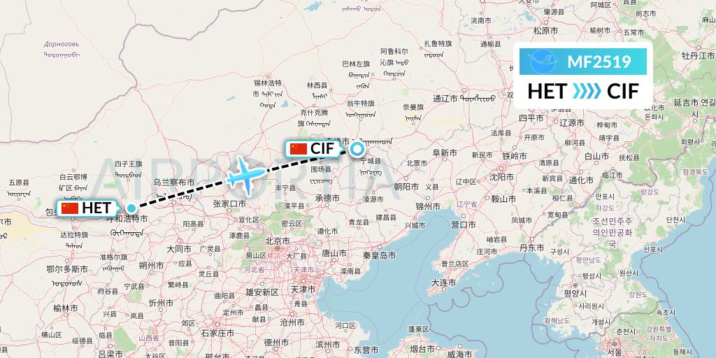 MF2519 Xiamen Airlines Flight Map: Hohhot to Chifeng