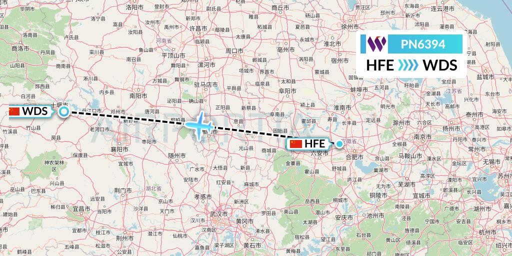 PN6394 China West Air Flight Map: Hefei to Shiyan