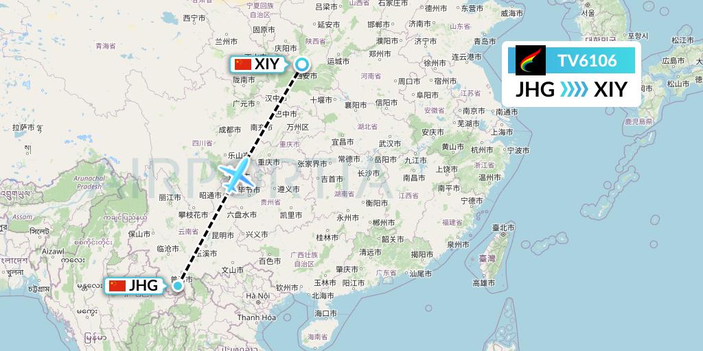 TV6106 Tibet Airlines Flight Map: Jinghong to Xi'an
