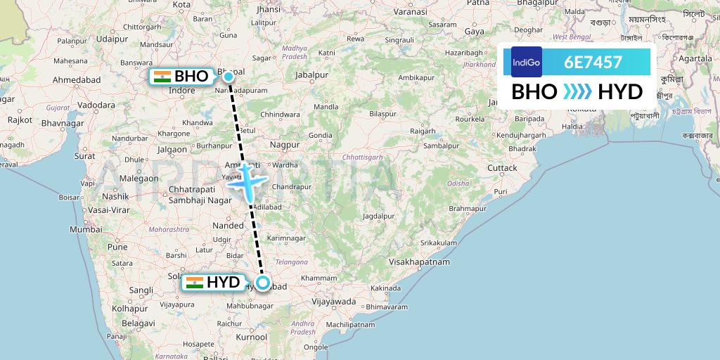 6E7457 IndiGo Airlines Flight Map: Bhopal to Hyderabad