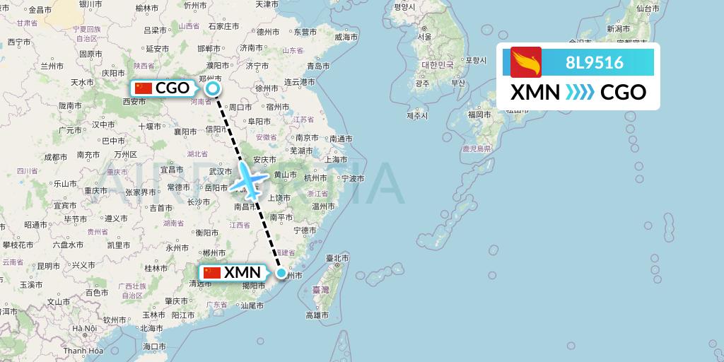 8L9516 Lucky Air Flight Map: Xiamen to Zhengzhou