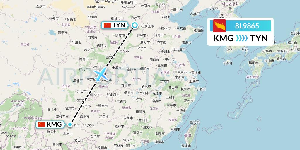 8L9865 Lucky Air Flight Map: Kunming to Taiyuan