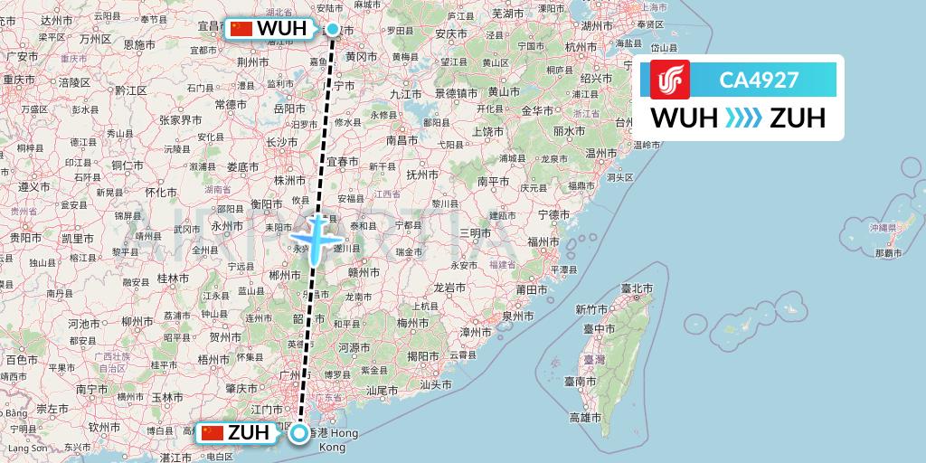 CA4927 Air China Flight Map: Wuhan to Zhuhai