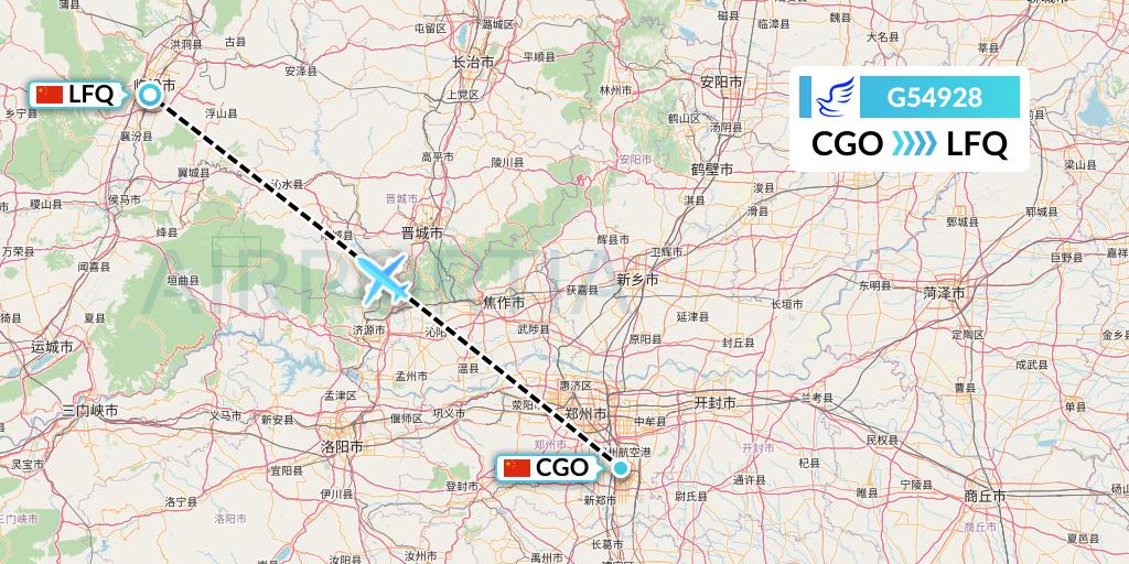 G54928 China Express Airlines Flight Map: Zhengzhou to Yulin