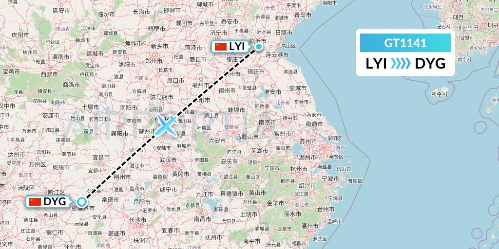 GT1141 Air Guilin Flight Map: Linyi to Dayong