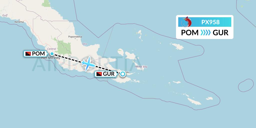 PX958 Air Niugini Flight Map: Port Moresby to Gurney