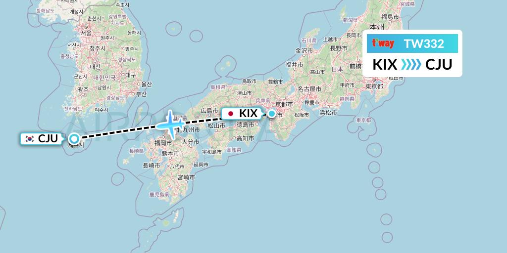TW332 T'way Air Flight Map: Osaka to Jeju