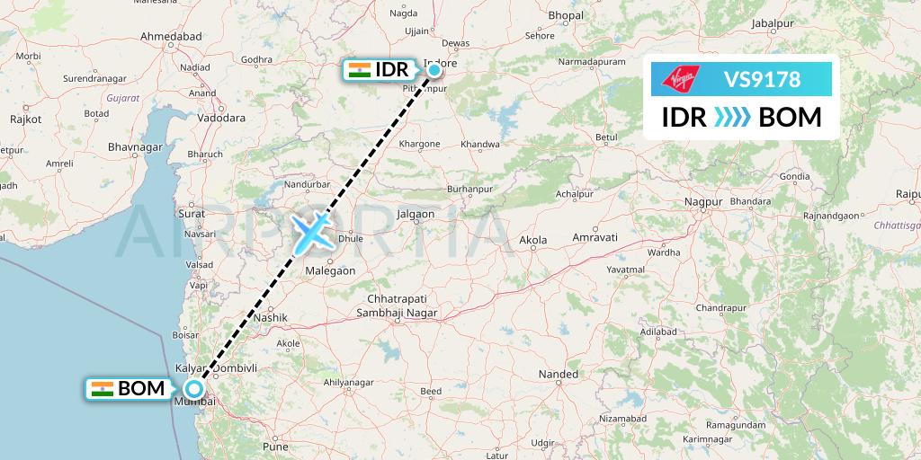 VS9178 Virgin Atlantic Airways Flight Map: Indore to Mumbai