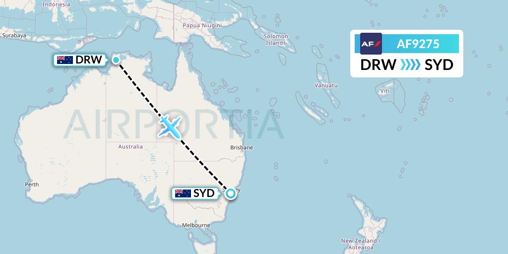 AF9275 Air France Flight Map: Darwin to Sydney