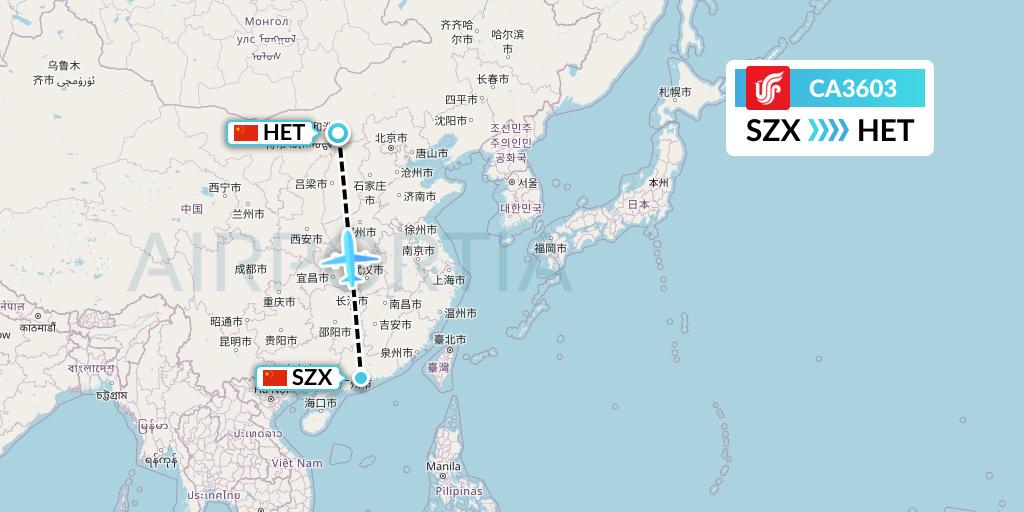 CA3603 Air China Flight Map: Shenzhen to Hohhot