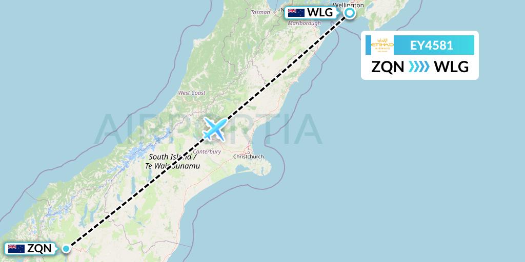 EY4581 Etihad Airways Flight Map: Queenstown to Wellington
