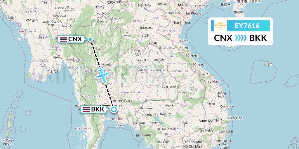 EY7616 Etihad Airways Flight Map: Chiang Mai to Bangkok
