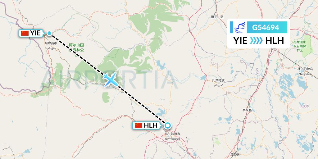 G54694 China Express Airlines Flight Map: Arxan to Ulanhot
