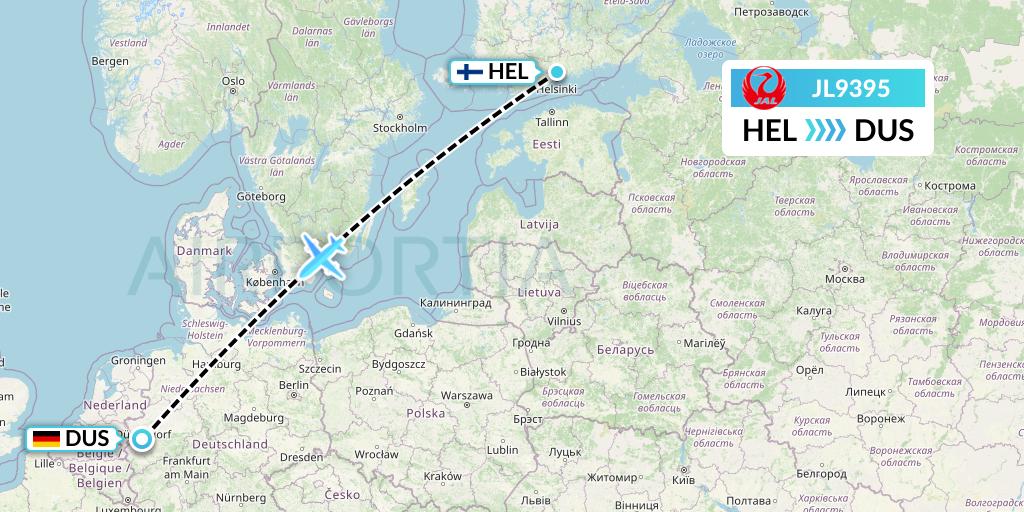 JL9395 Japan Airlines Flight Map: Helsinki to Dusseldorf