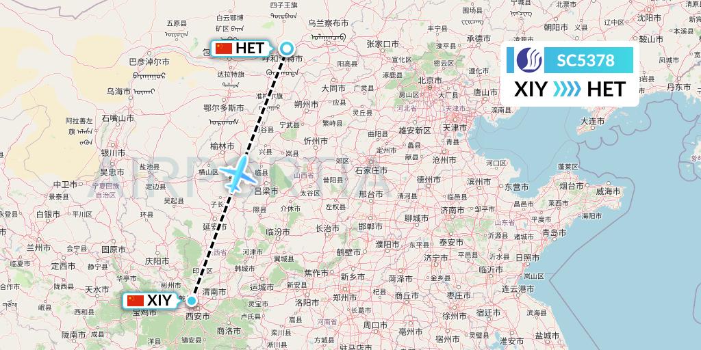 SC5378 Shandong Airlines Flight Map: Xi'an to Hohhot