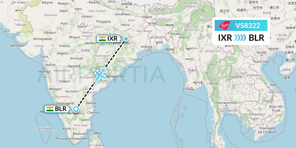 VS8322 Virgin Atlantic Airways Flight Map: Ranchi to Bangalore