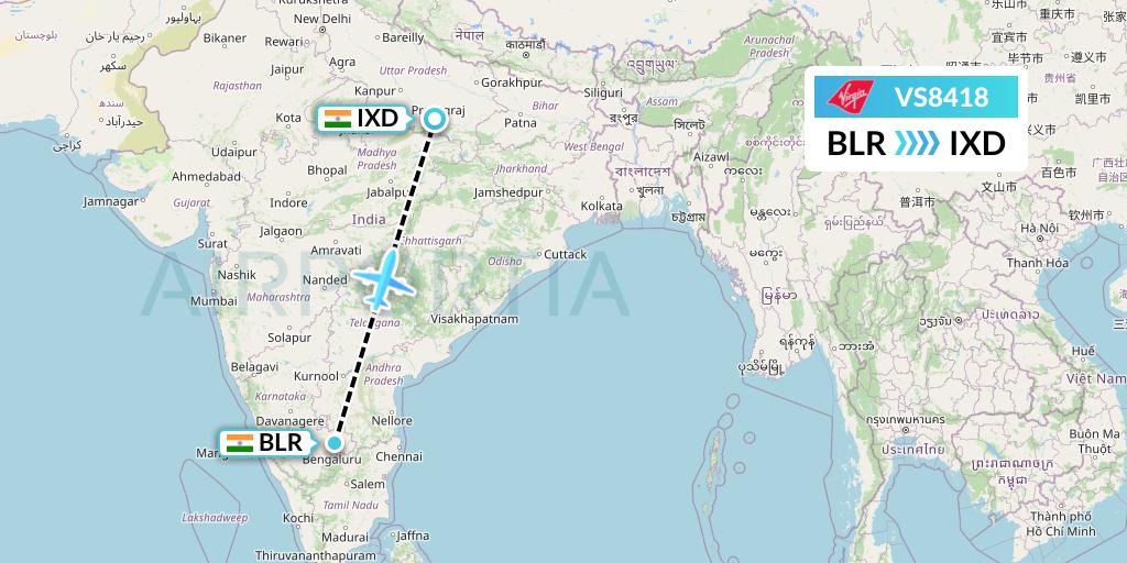 VS8418 Virgin Atlantic Airways Flight Map: Bangalore to Allahabad