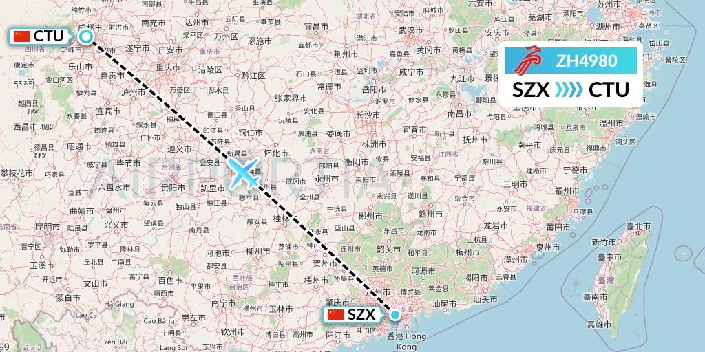 ZH4980 Shenzhen Airlines Flight Map: Shenzhen to Chengdu