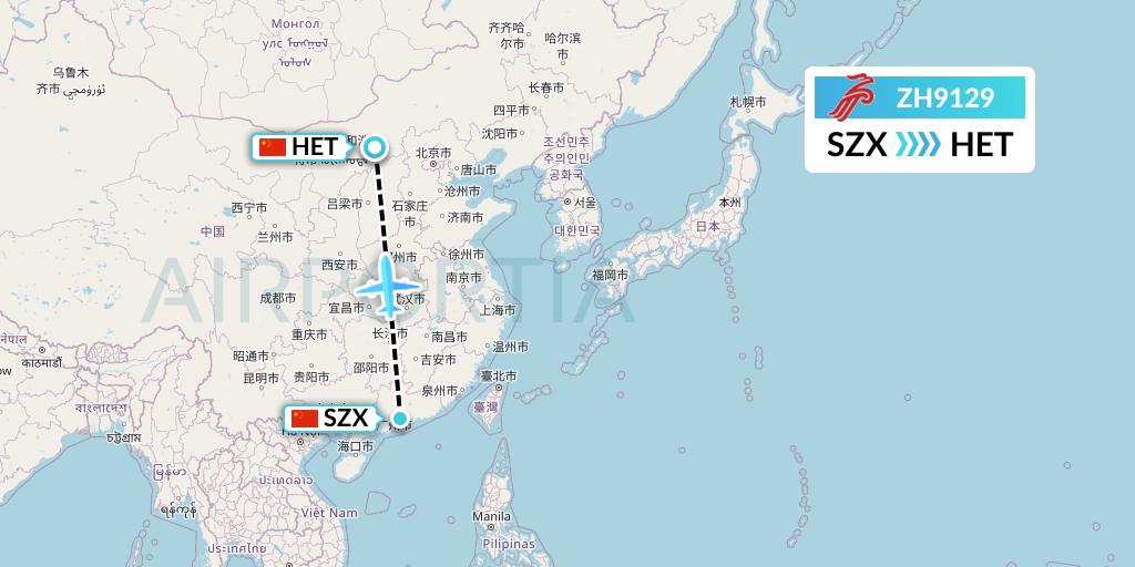 ZH9129 Shenzhen Airlines Flight Map: Shenzhen to Hohhot