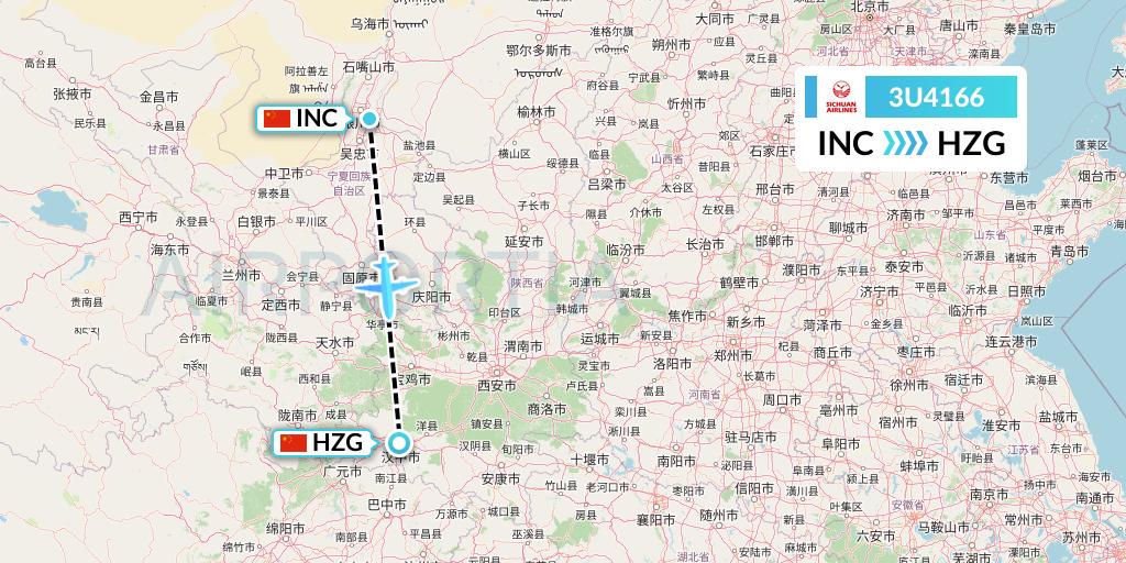 3U4166 Sichuan Airlines Flight Map: Yinchuan to Hanzhong