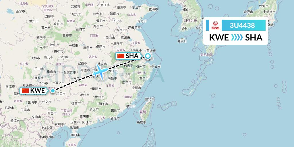3U4438 Sichuan Airlines Flight Map: Guiyang to Shanghai