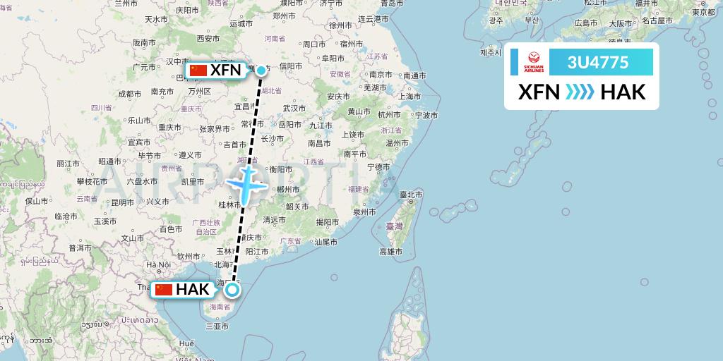 3U4775 Sichuan Airlines Flight Map: Xiangyang to Haikou