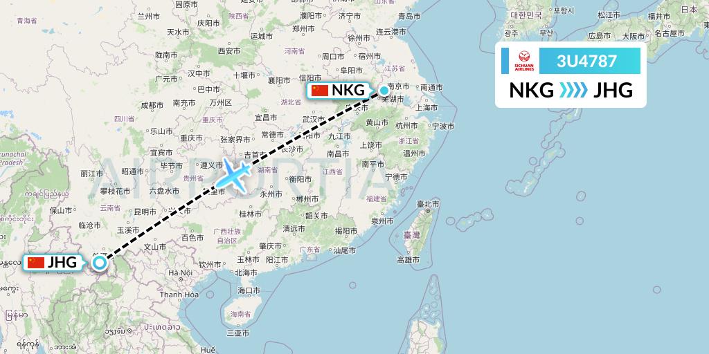 3U4787 Sichuan Airlines Flight Map: Nanjing to Jinghong