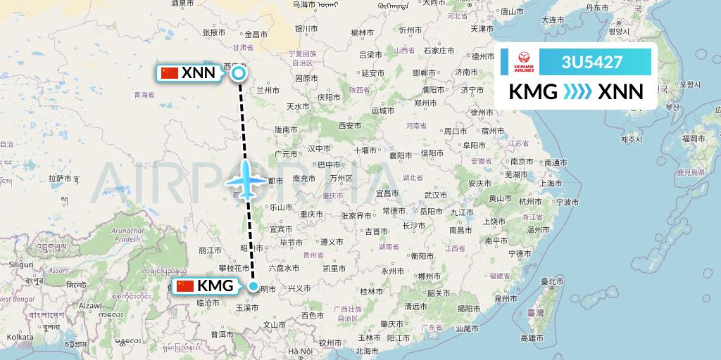 3U5427 Sichuan Airlines Flight Map: Kunming to Xining