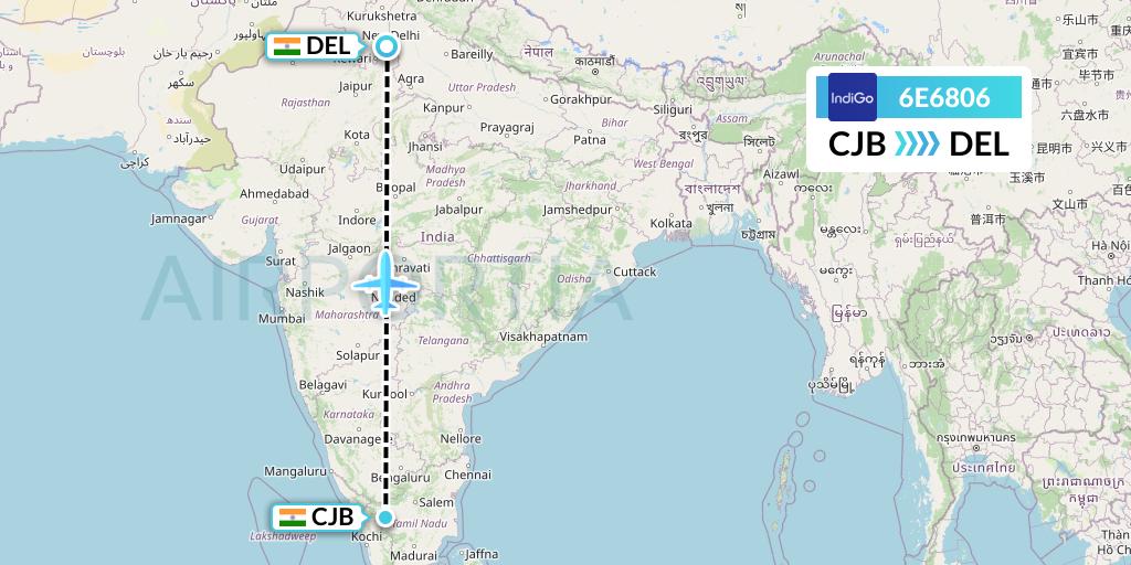6E6806 IndiGo Airlines Flight Map: Coimbatore to Delhi