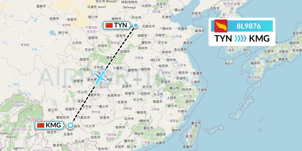 8L9876 Lucky Air Flight Map: Taiyuan to Kunming