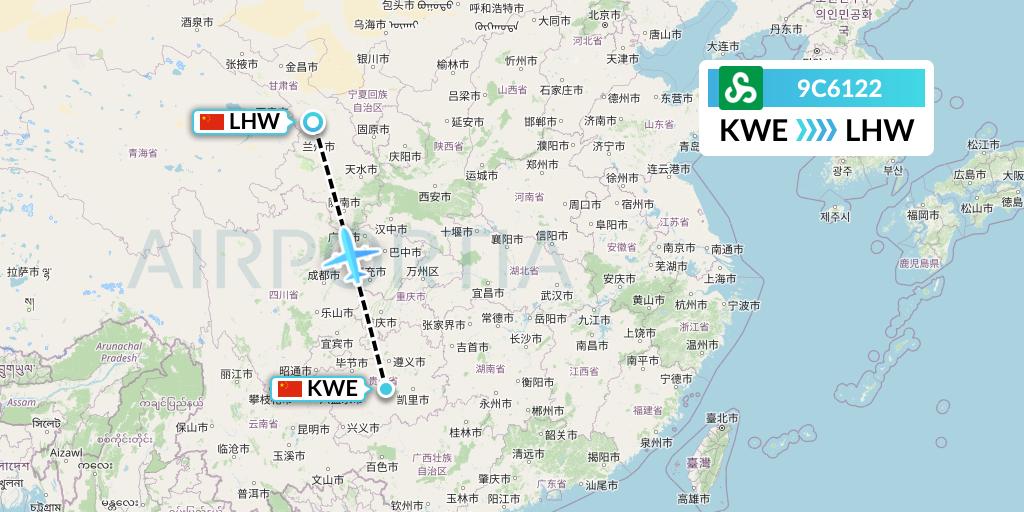 9C6122 Spring Airlines Flight Map: Guiyang to Lanzhou