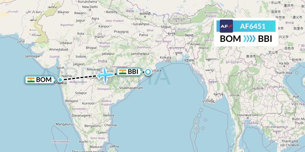 AF6451 Air France Flight Map: Mumbai to Bhubaneswar