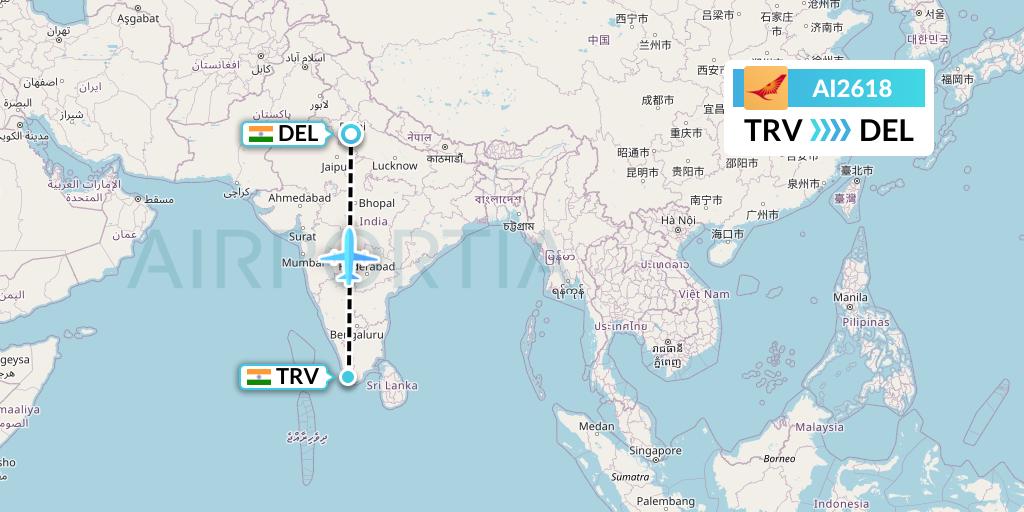 AI2618 Air India Flight Map: Thiruvananthapuram to Delhi