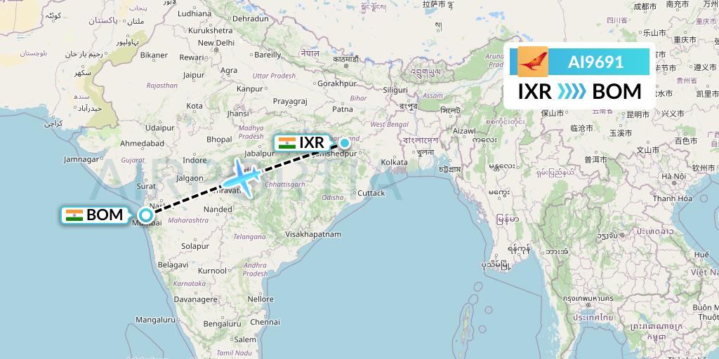AI9691 Air India Flight Map: Ranchi to Mumbai