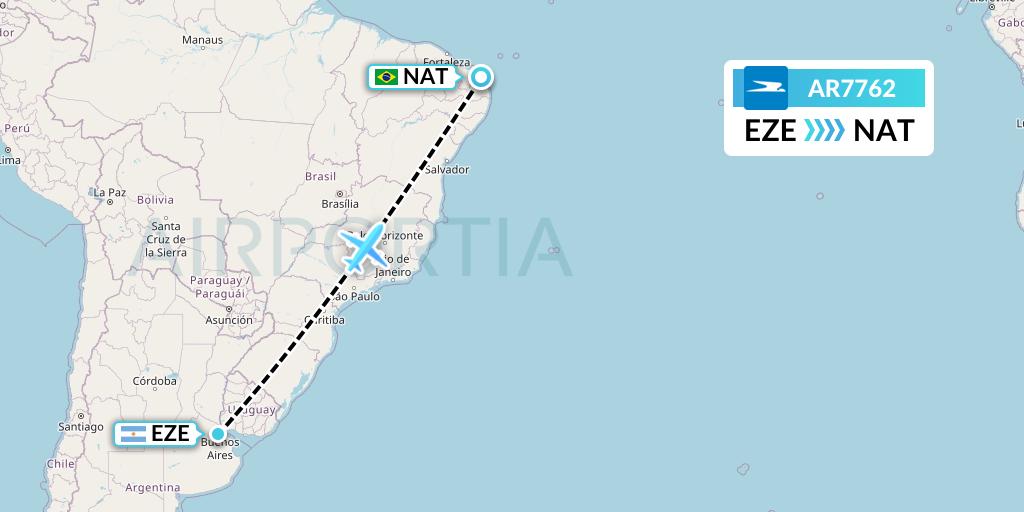 AR7762 Aerolineas Argentinas Flight Map: Buenos Aires to Natal