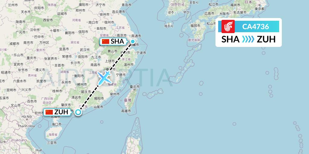 CA4736 Air China Flight Map: Shanghai to Zhuhai