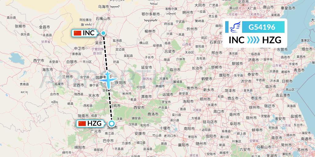 G54196 China Express Airlines Flight Map: Yinchuan to Hanzhong