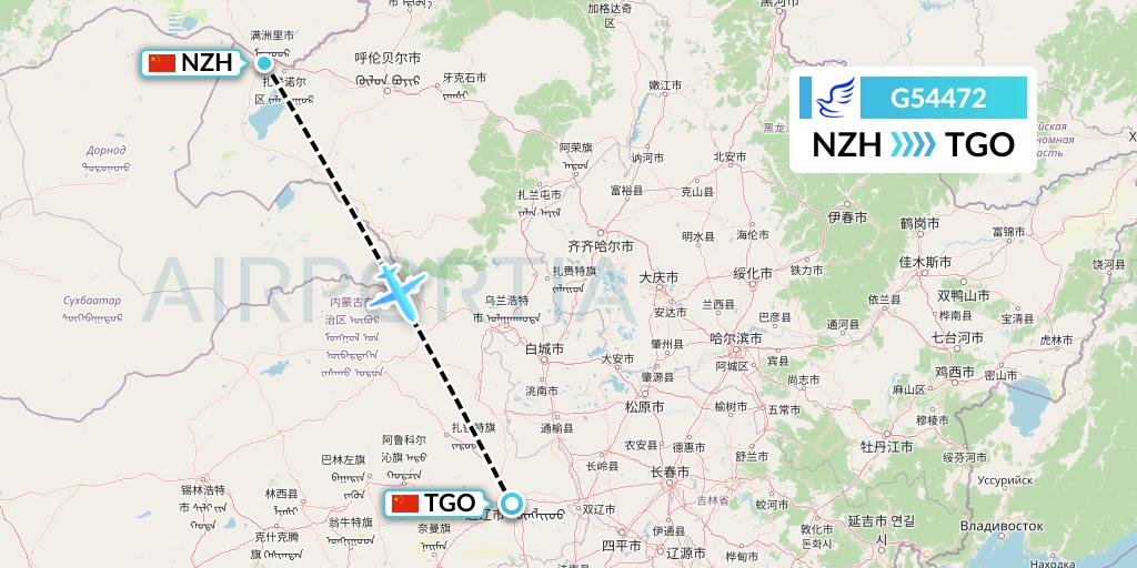 G54472 China Express Airlines Flight Map: Manzhouli to Tongliao