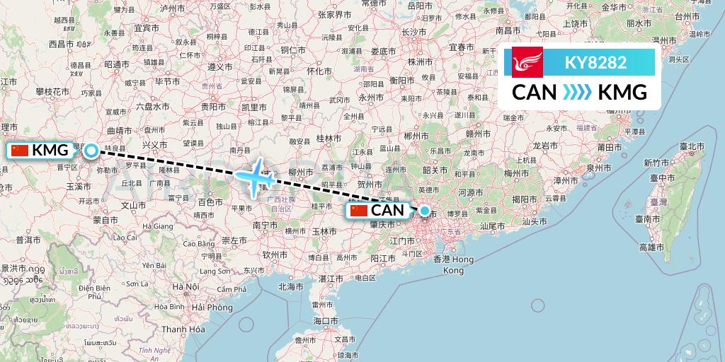 KY8282 Kunming Airlines Flight Map: Guangzhou to Kunming