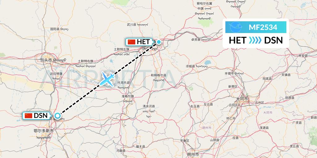 MF2534 Xiamen Airlines Flight Map: Hohhot to Dongsheng