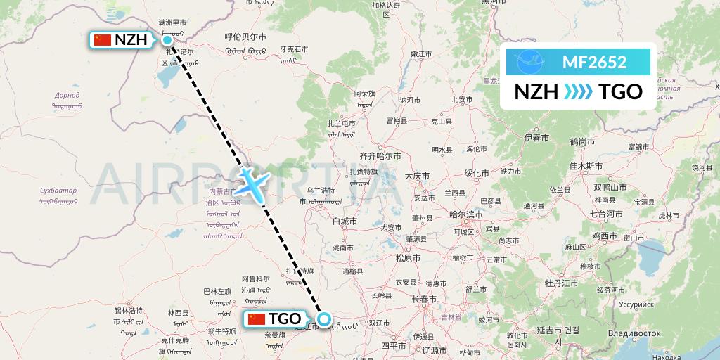 MF2652 Xiamen Airlines Flight Map: Manzhouli to Tongliao