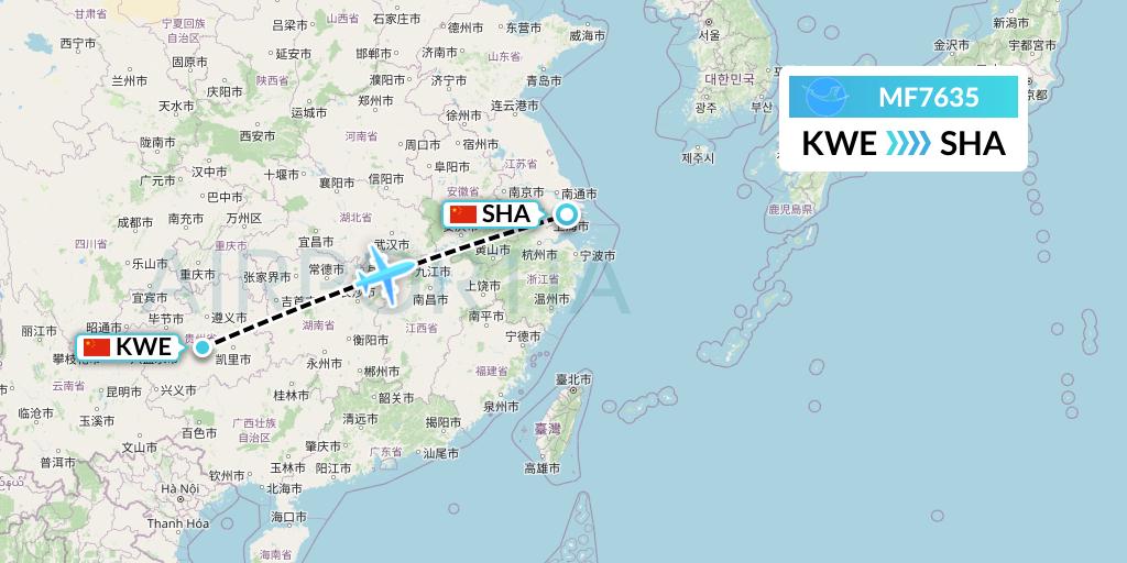 MF7635 Xiamen Airlines Flight Map: Guiyang to Shanghai