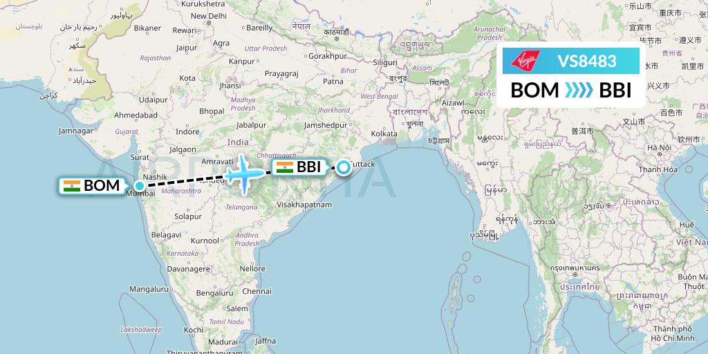 VS8483 Virgin Atlantic Airways Flight Map: Mumbai to Bhubaneswar
