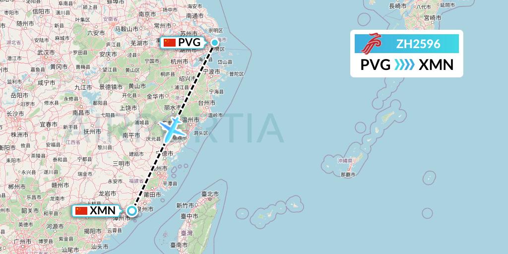 ZH2596 Shenzhen Airlines Flight Map: Shanghai to Xiamen