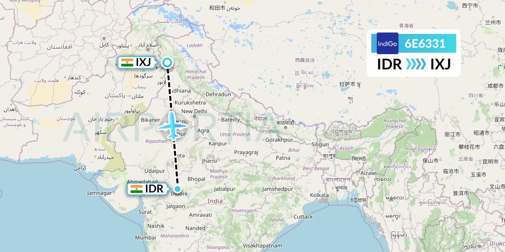 6E6331 IndiGo Airlines Flight Map: Indore to Jammu