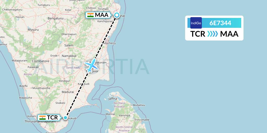 6E7344 IndiGo Airlines Flight Map: Tuticorin to Chennai